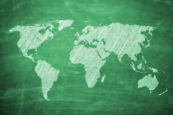A stylized image of a world map, centered on Africa